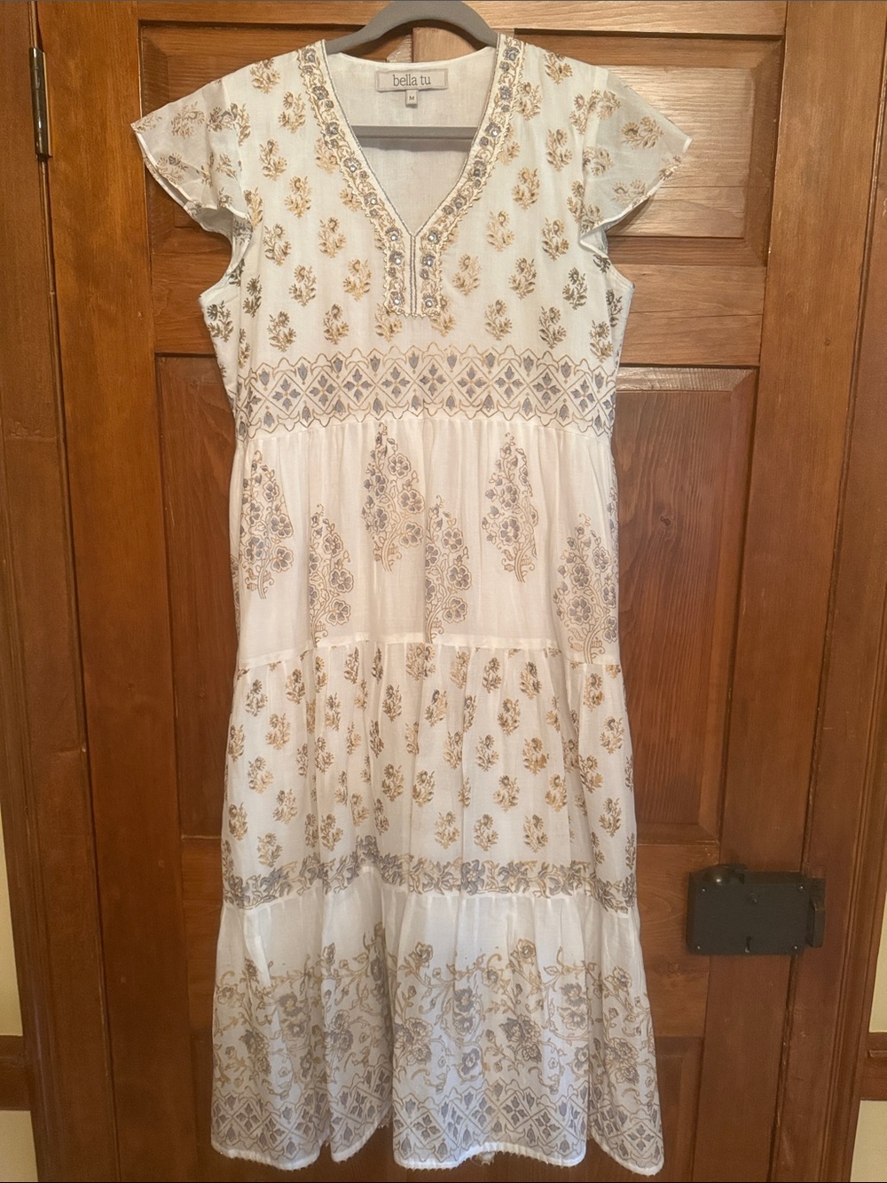 bella tu White & Gold Embroidered Boho Midi Dress